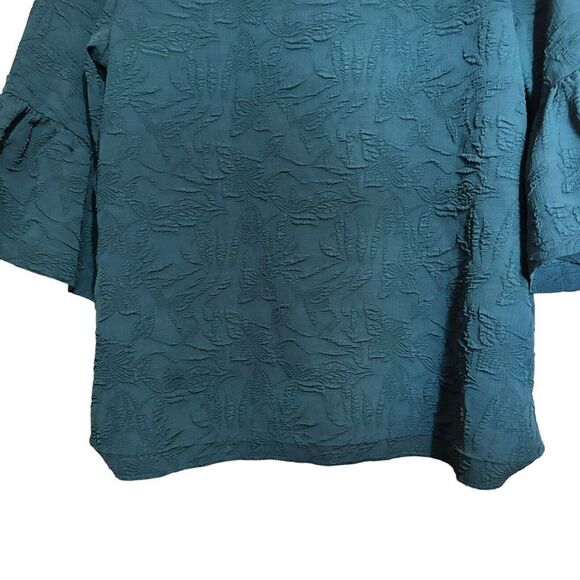 Calvin Klein Top Womens Medium Green Floral Textured Bell Sleeves Stretch Blouse - Picture 4 of 8